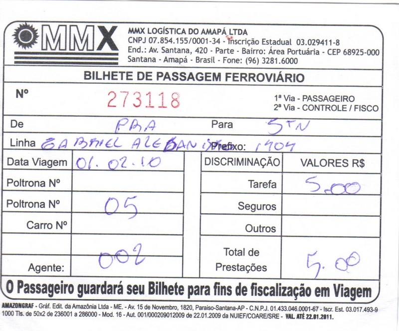 Foto: boleto del tren Serra do Navío - Santana expedido a bordo - Estrada de Ferro do Amapá (Amapá), Brasil