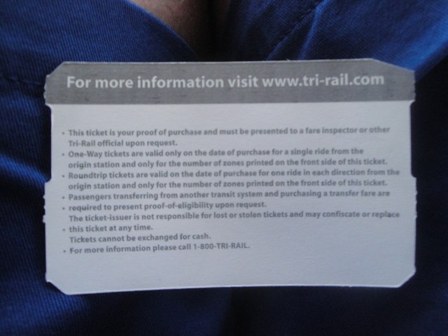 Foto: reverso del boleto de Tri-Rail - Hialeah (Florida), Estados Unidos