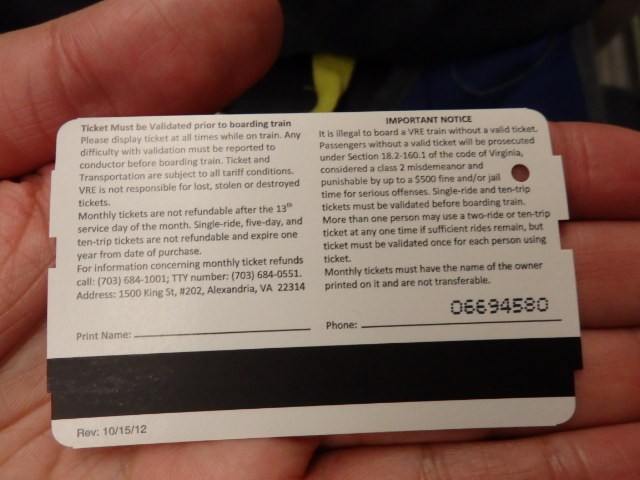 Foto: boleto del tren VRE (Virginia Railway Express) - Washington (Washington, D.C.), Estados Unidos