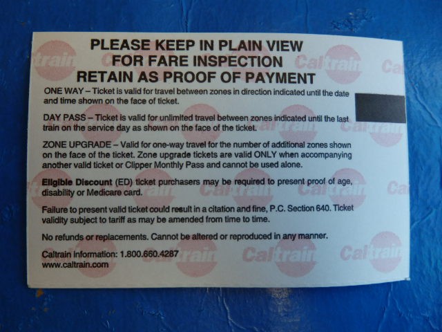 Foto: pase diario del tren regional Caltrain (reverso) - San Francisco (California), Estados Unidos