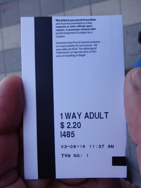 Foto: boleto de la Lynx Blue Line, reverso - Charlotte (North Carolina), Estados Unidos