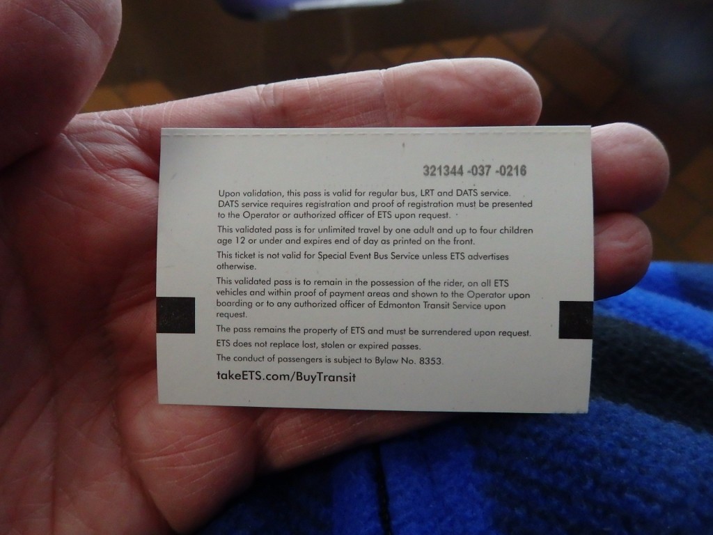 Foto: pase diario para colectivo y metro, reverso - Edmonton (Alberta), Canadá
