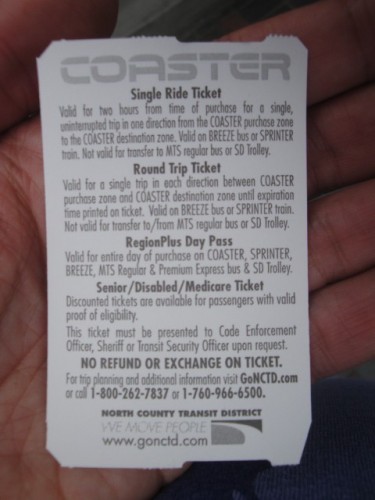 Foto: boleto del tren Coaster, reverso - San Diego (California), Estados Unidos
